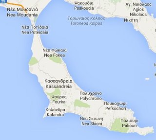 map of Kassandra peninsula in Halkidiki