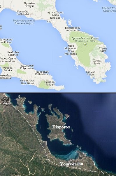 map of the Sithonia peninsula in Halkidiki