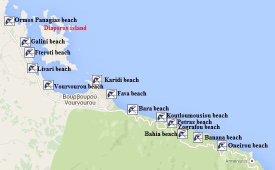 map of Vourvourou on the Sithonia peninsula in Halkidiki