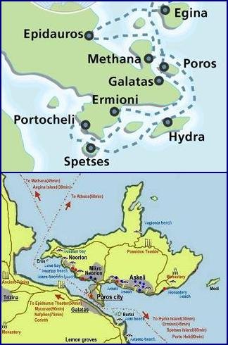 map of Poros, Greece, plattegrond van Poros, Griekenland